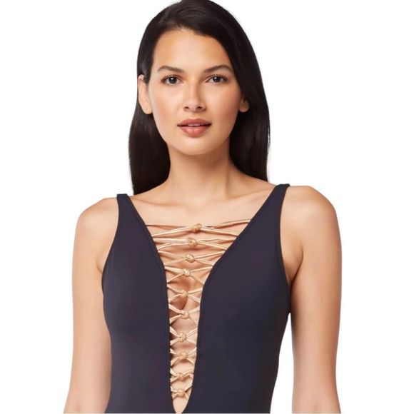 ☀️☀️☀️ Bleu Rod Beattie KORE Low Neck Lace Up One Piece Size 20W - Picture 3 of 6